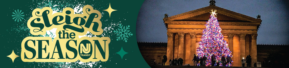 The Philadelphia Museum of Art with a Christmas tree in front of it. 